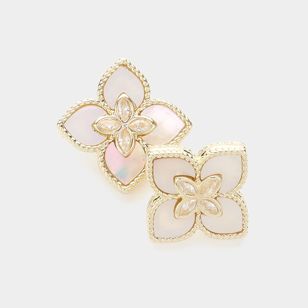 14K Gold Mother of Pearl Quatrefoil Earrings